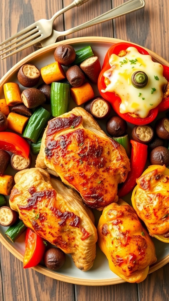 Quick and Easy Air Fryer Dinner Ideas A delicious air fryer dinner with chicken thighs, roasted vegetables, and stuffed bell peppers on a wooden table.